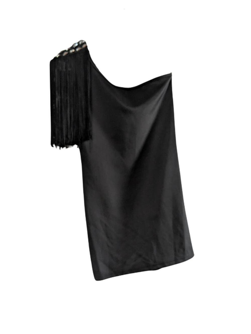 CJNS Carly Jean LA Women's Rhinestone Fringe Mini Dress Black Small One-Shoulder